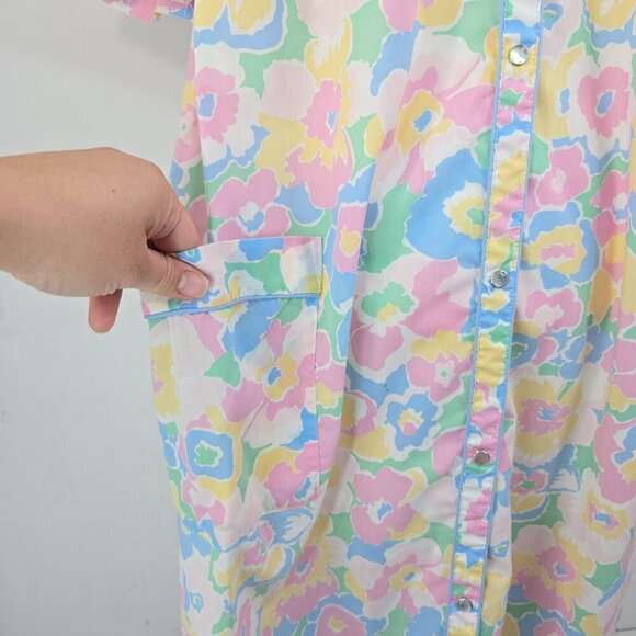 Vintage 80s 90s Cathy MultiColor  Floral Pearl Snap House Dress Nightgown Duster - Picture 4 of 9